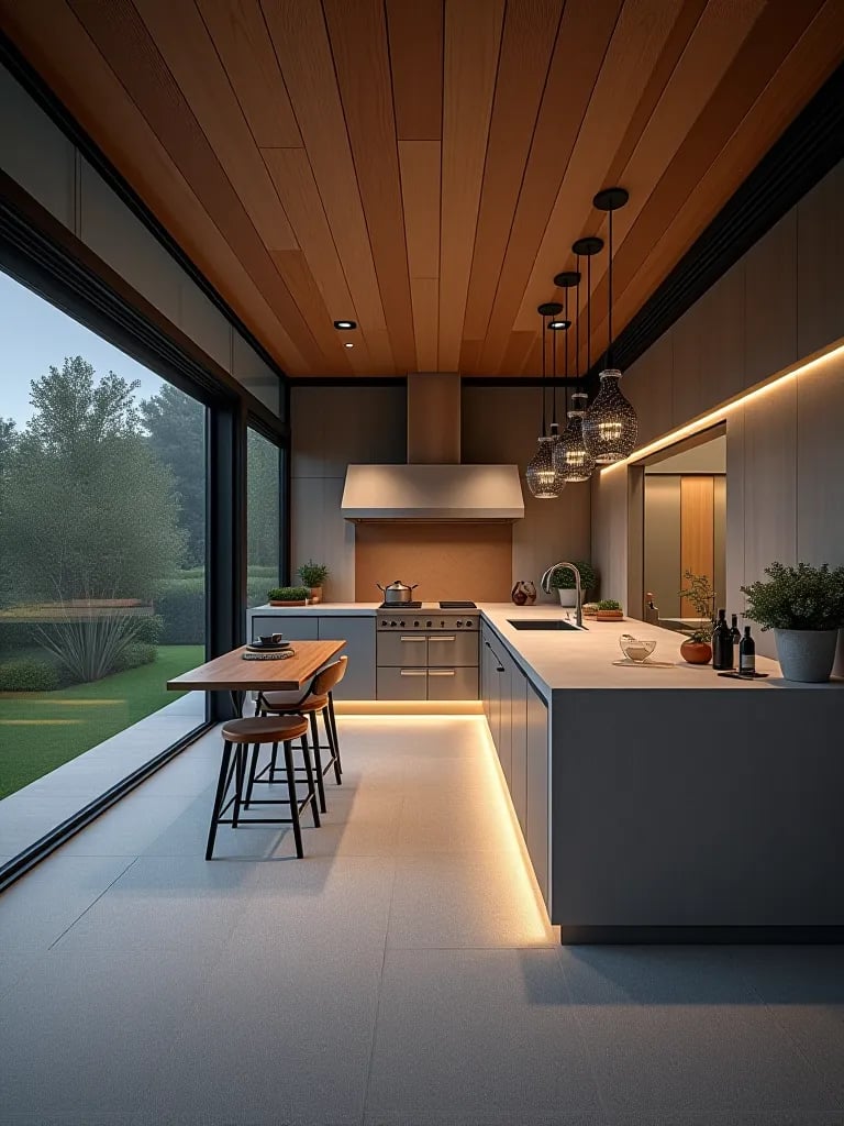 Outdoor kitchen with mixed material finishes