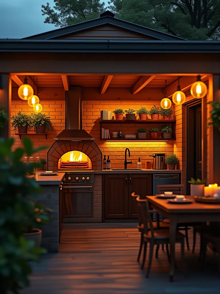 Outdoor kitchen with pizza oven and pendant lights