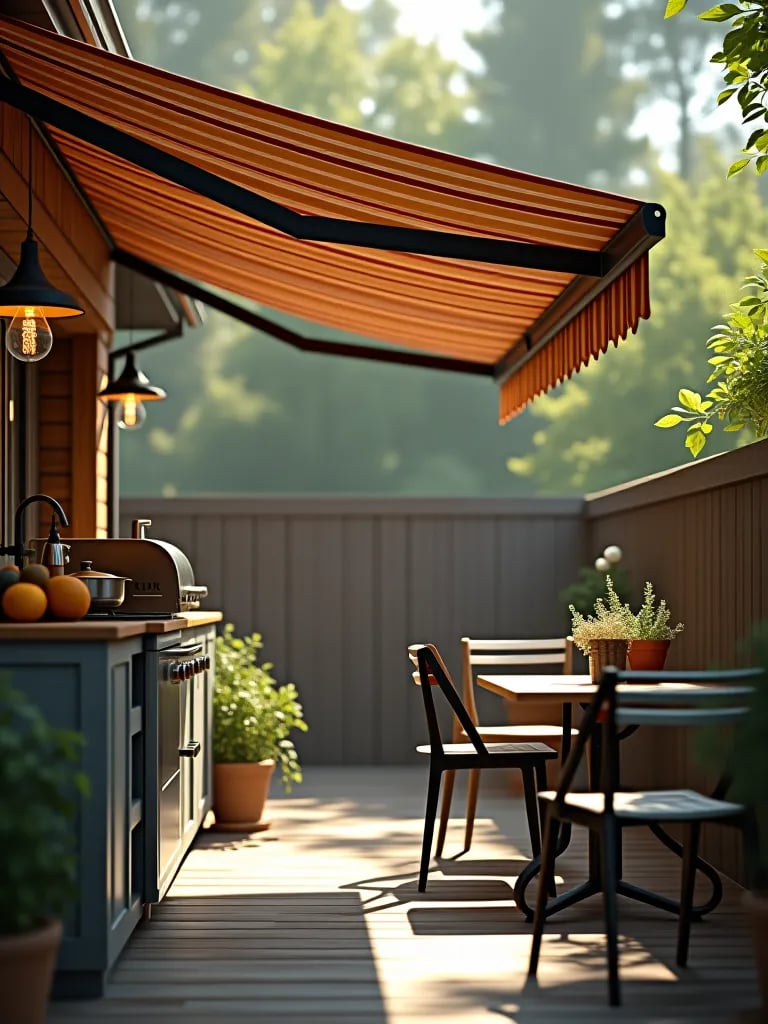 Outdoor kitchen with retractable awning for weather protection