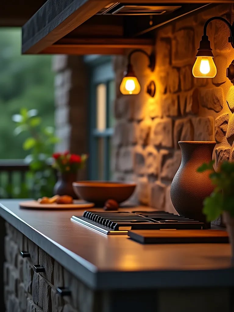 Outdoor kitchen with soft wall sconce lighting