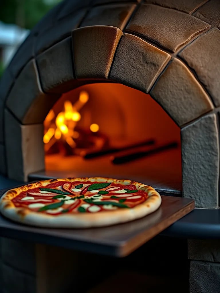 Outdoor pizza oven with warm glow and cooking utensils