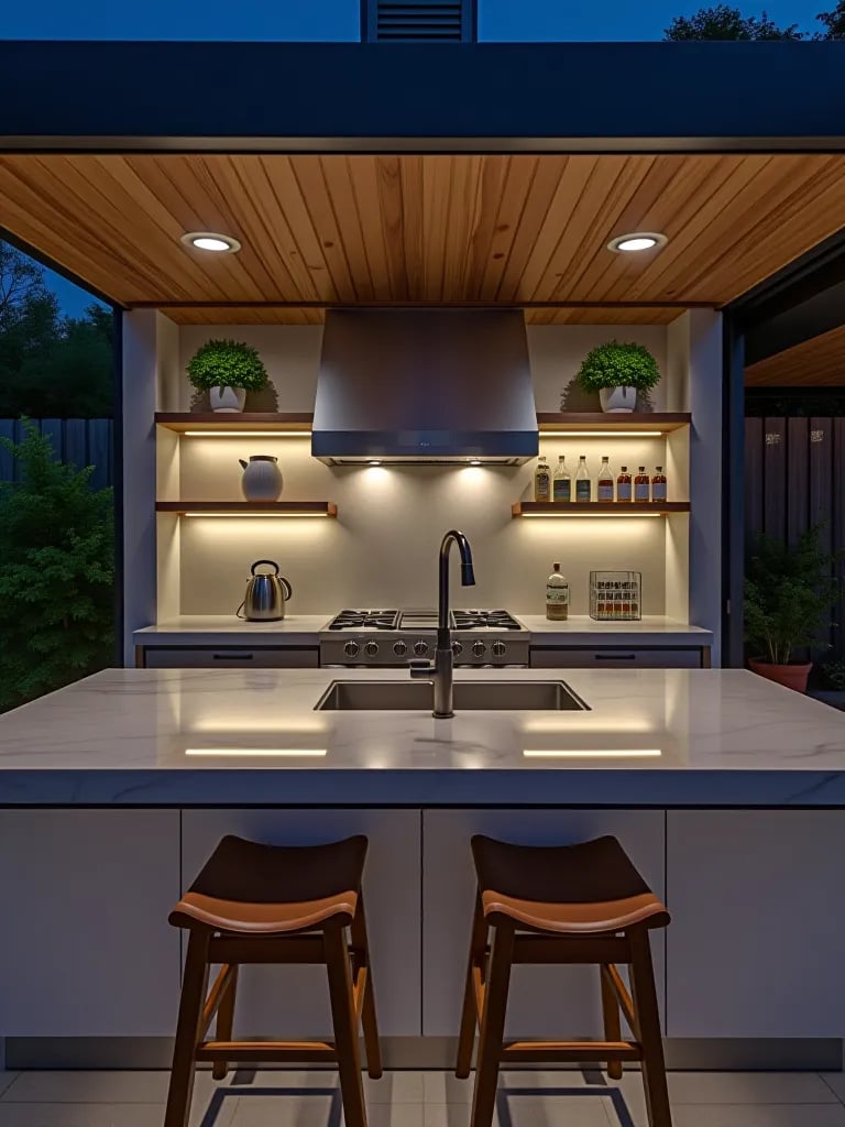 Overhead view of illuminated outdoor kitchen island