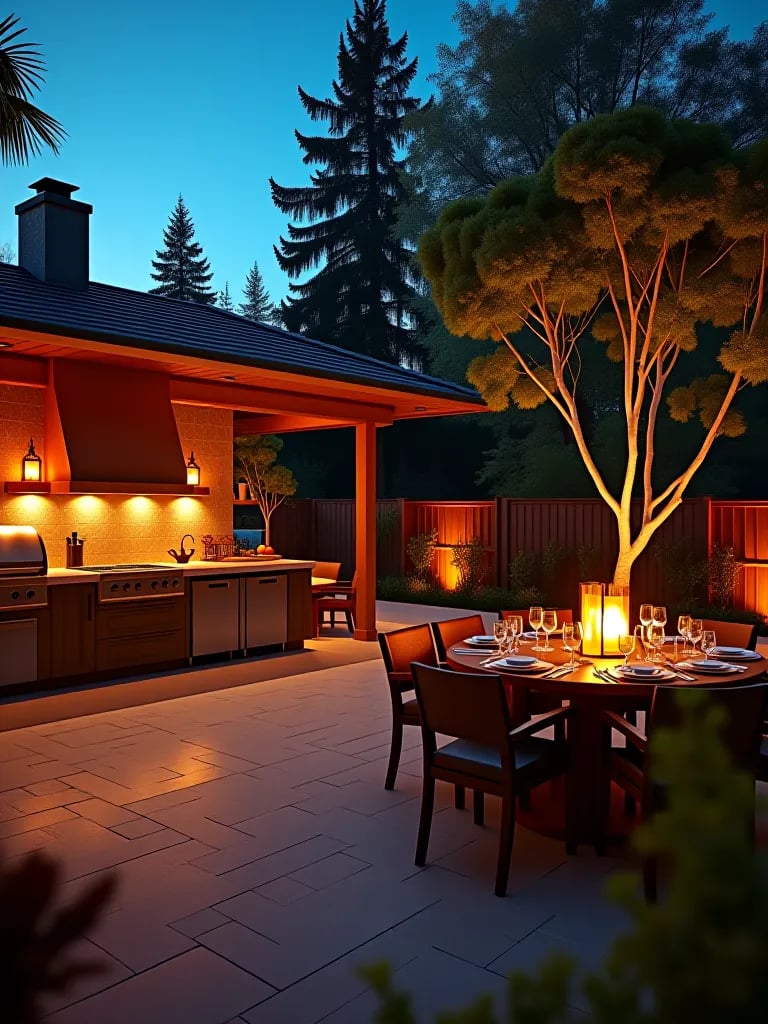 Panoramic view of outdoor kitchen with layered lighting