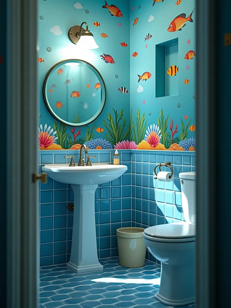 Playful children’s bathroom with underwater wallpaper
