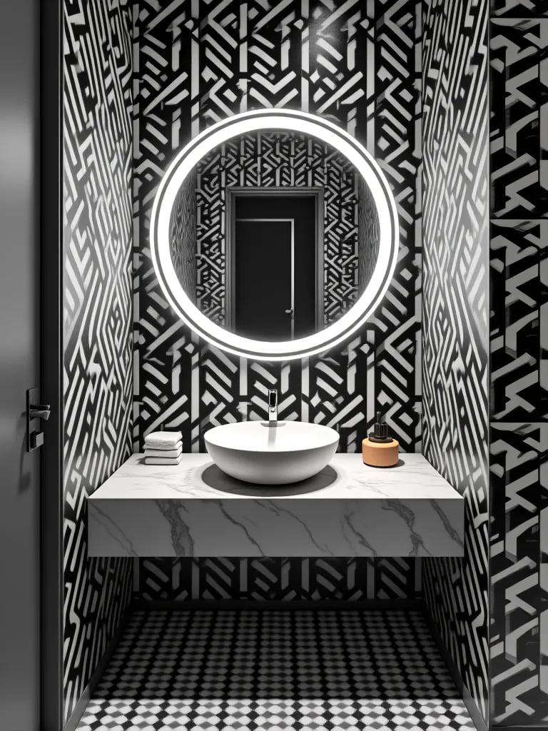 Powder room with black and white geometric wallpaper