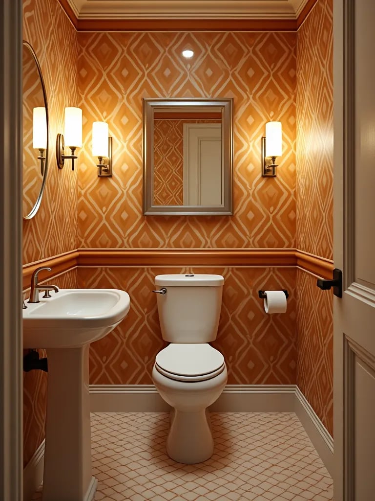 Powder room with precisely aligned geometric wallpaper