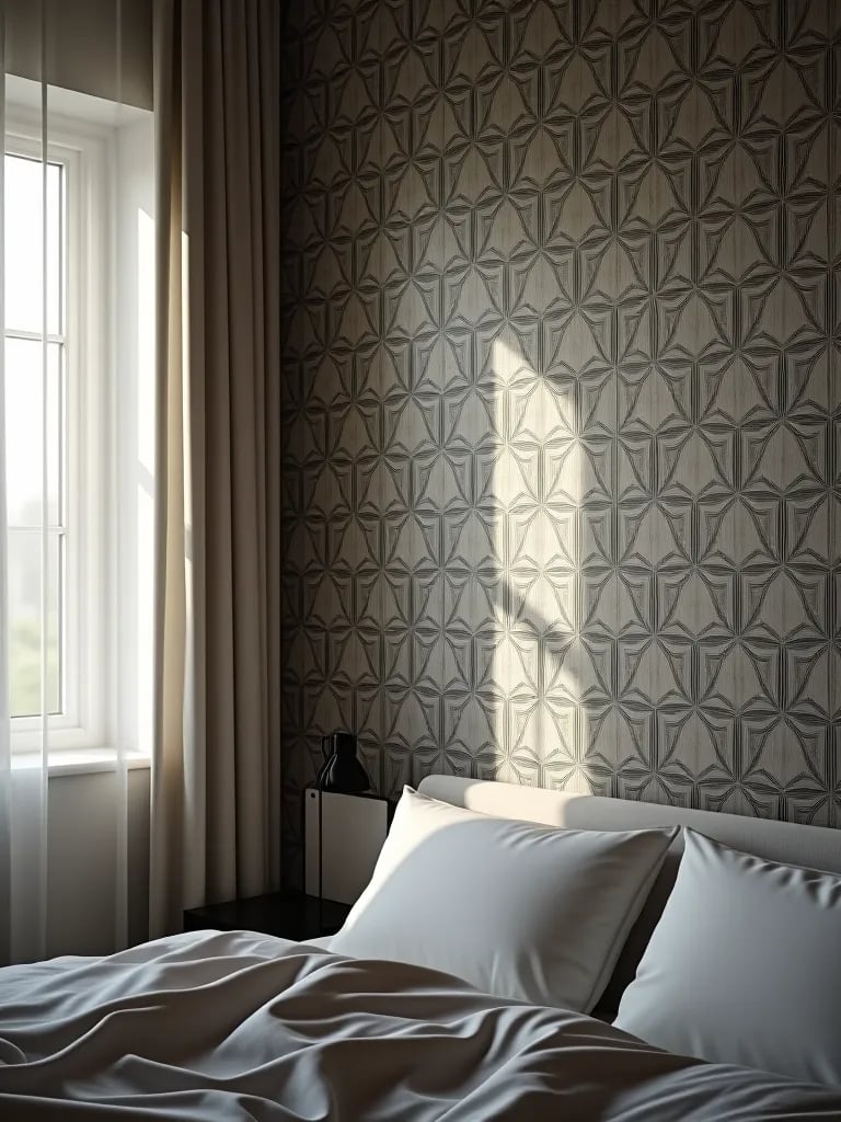 Precise alignment of patterned wallpaper in bedroom