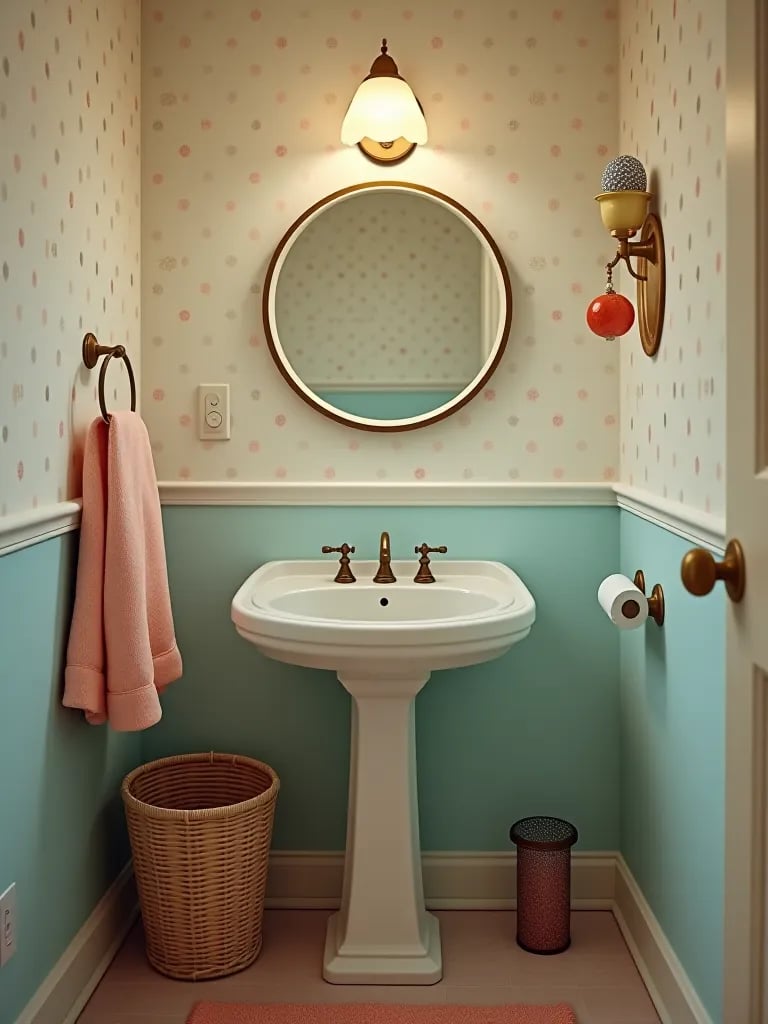 Retro bathroom with pastel polka dot wallpaper