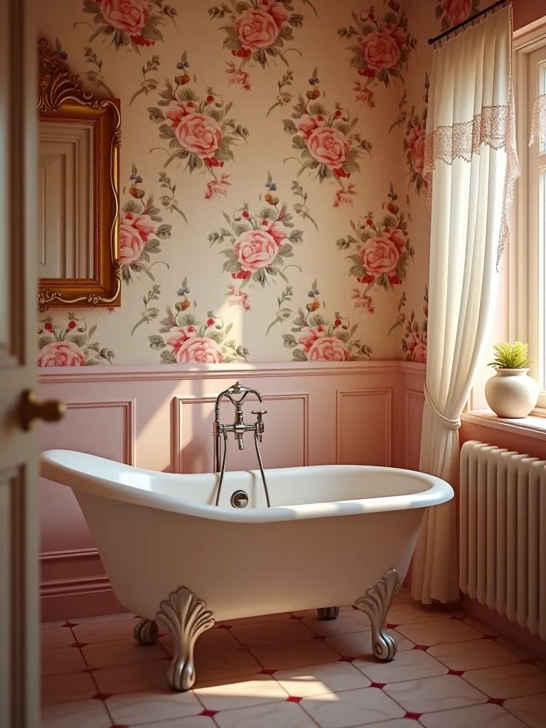 Romantic Victorian bathroom with rose wallpaper and clawfoot tub