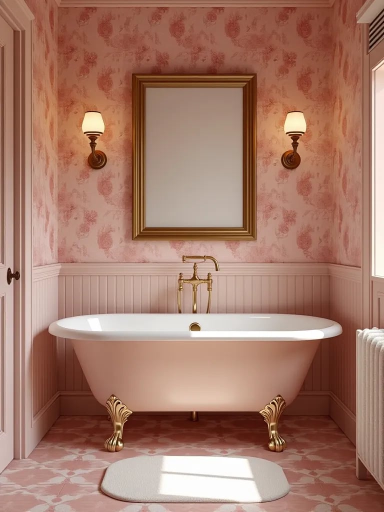Romantic bathroom with pink floral wallpaper and clawfoot tub