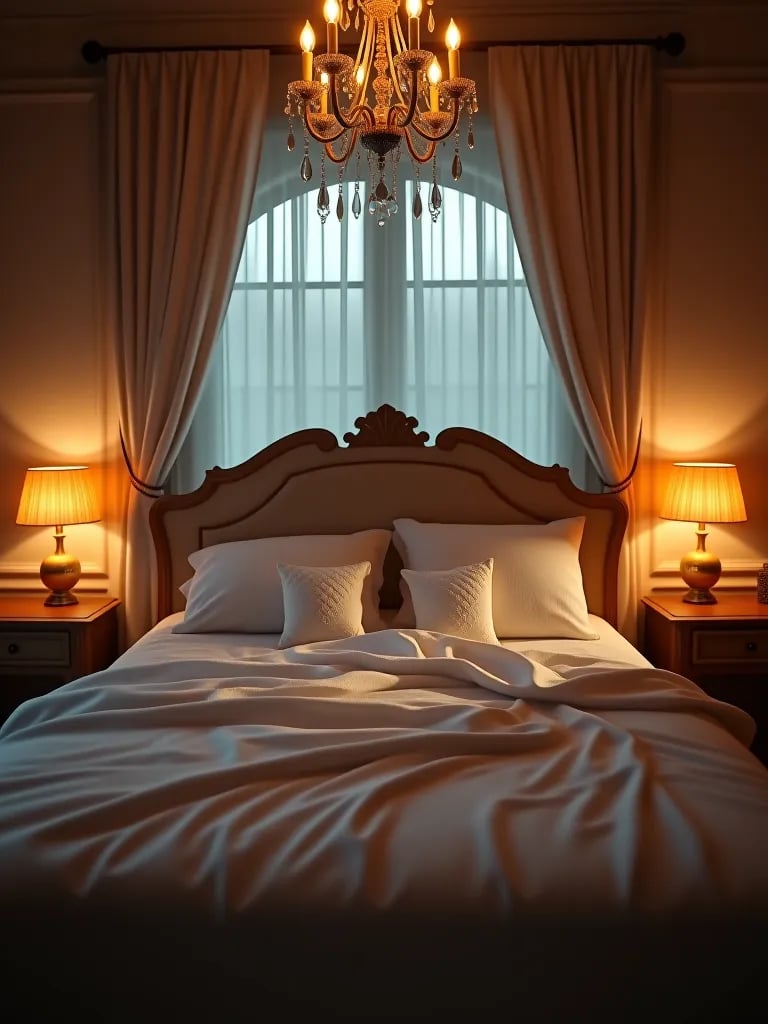 Romantic bedroom with layered, dimmable lighting