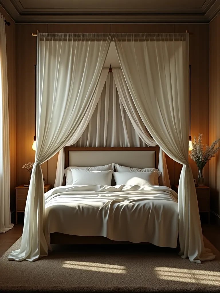 Romantic canopy bed with sheer drapes and soft lighting