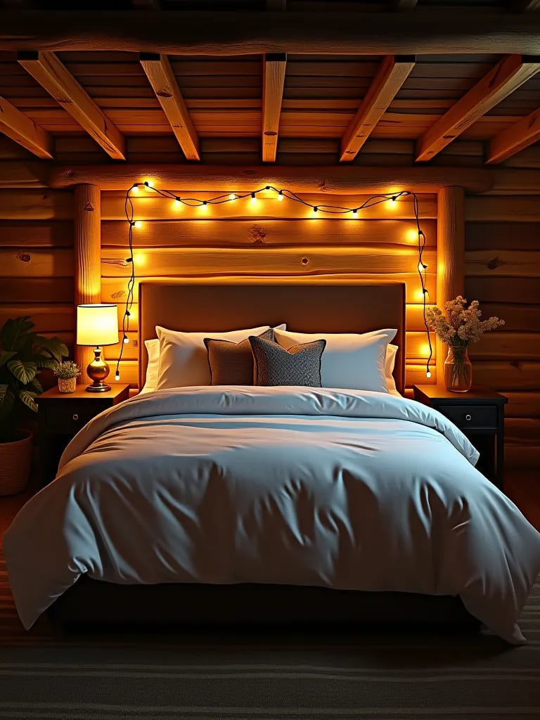Rustic bedroom with wooden beams and string lights