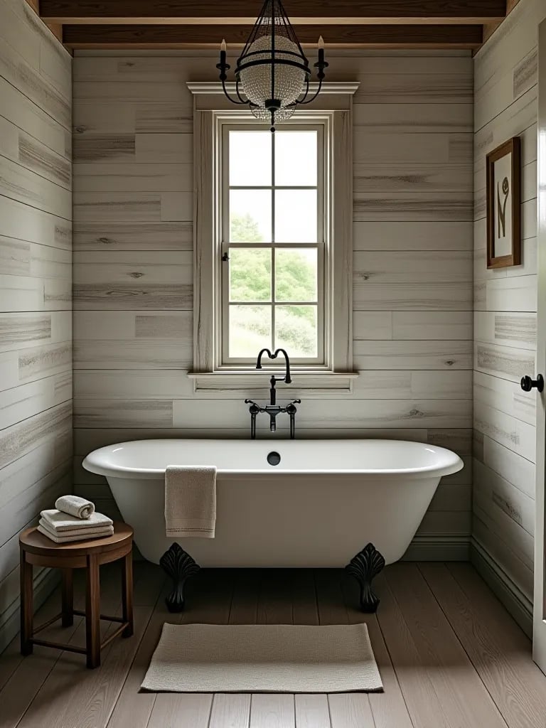 Rustic farmhouse bathroom with shiplap wallpaper and wood look tiles