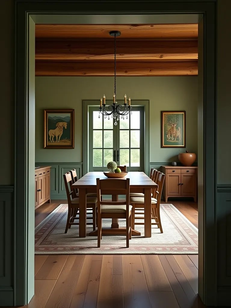 Rustic farmhouse dining room with sage green walls