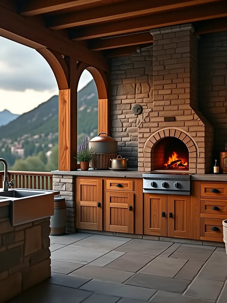 Rustic outdoor kitchen with pizza oven and mountain view