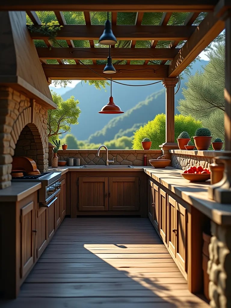 Rustic outdoor kitchen with wood fired oven and pergola