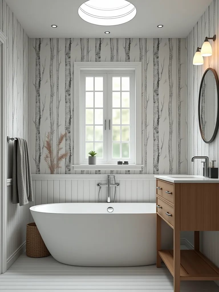 Scandinavian bathroom with birch tree wallpaper and skylight
