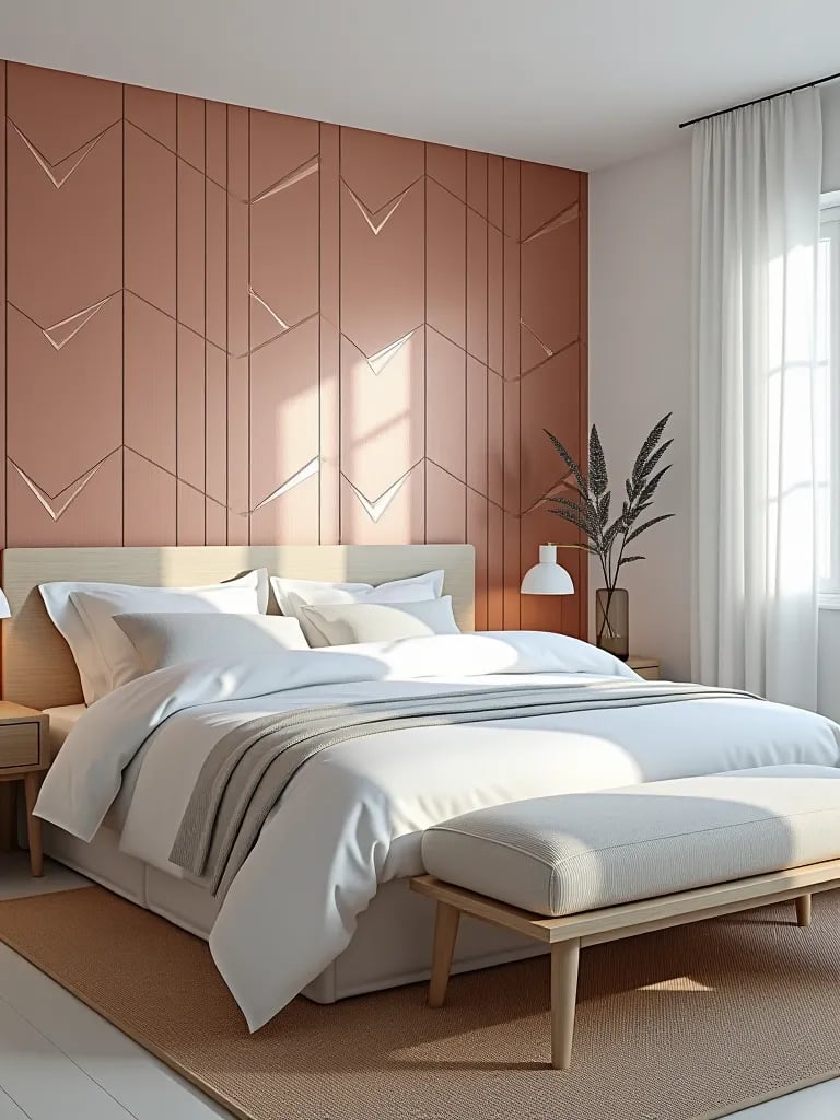 Scandinavian bedroom with rose gold metallic geometric wallpaper