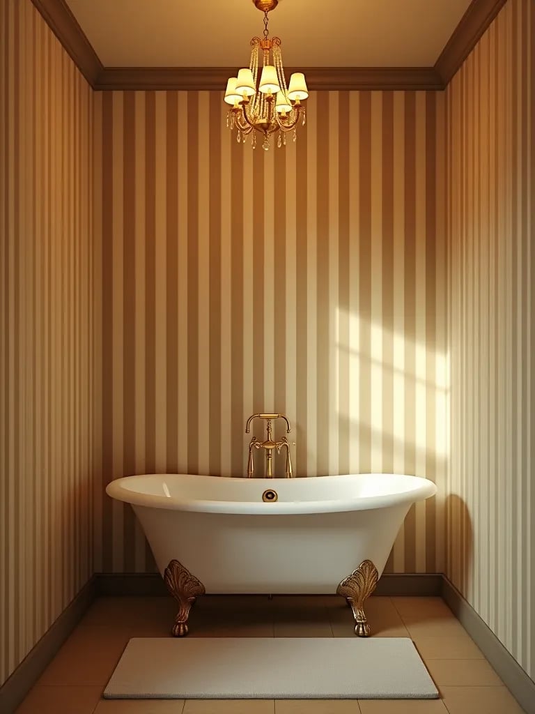 Serene bathroom featuring muted striped wallpaper