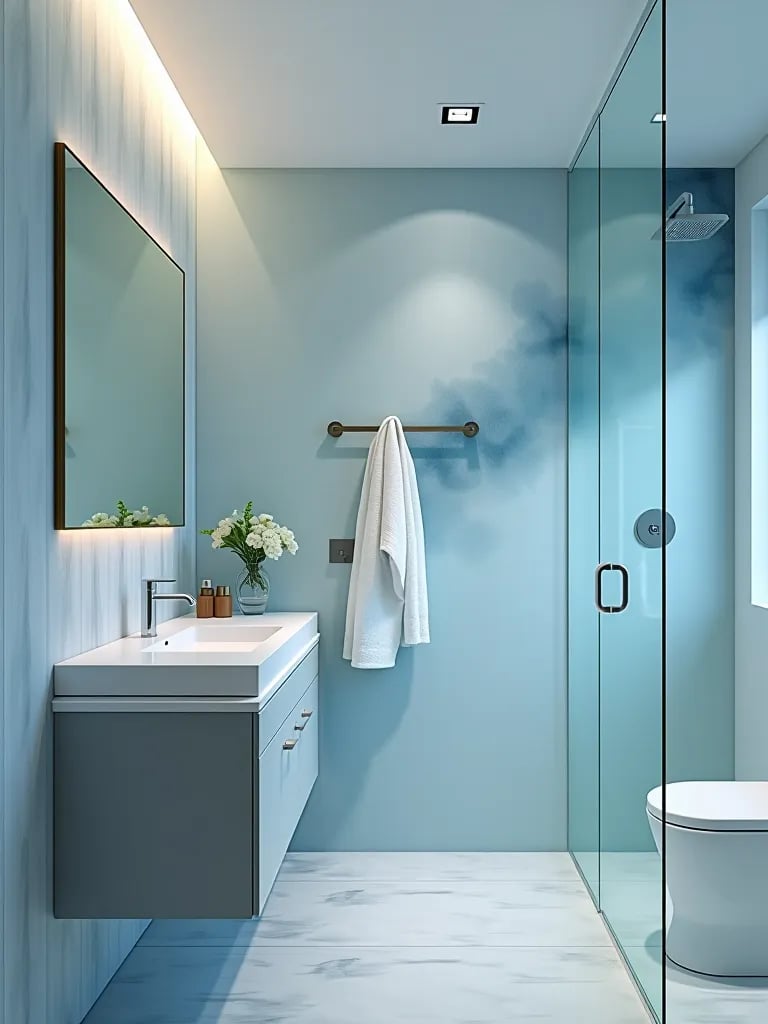 Serene bathroom with blue watercolor wallpaper and glass shower