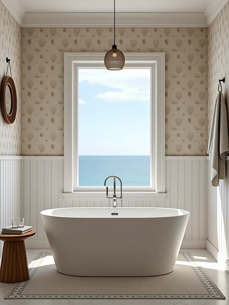 Serene bathroom with seaside inspired wallpaper and shiplap accent
