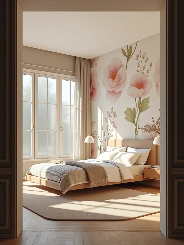 Serene bedroom with watercolor floral wallpaper
