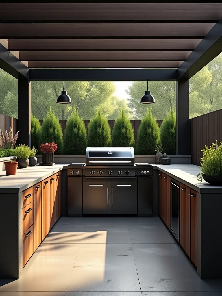 Sleek outdoor kitchen setup with smoker and pergola