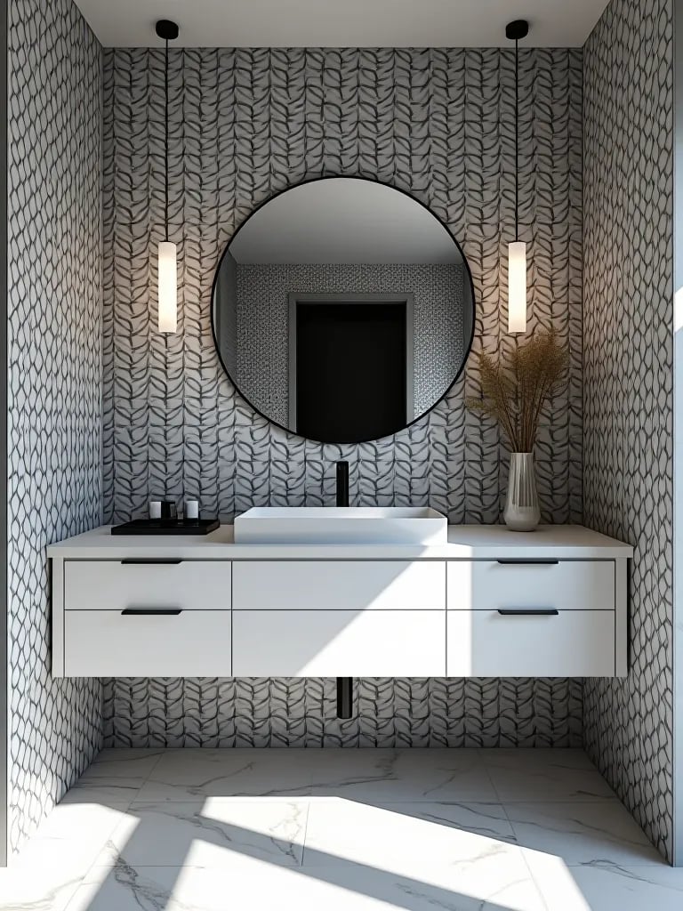 Small bathroom with geometric wallpaper and floating vanity