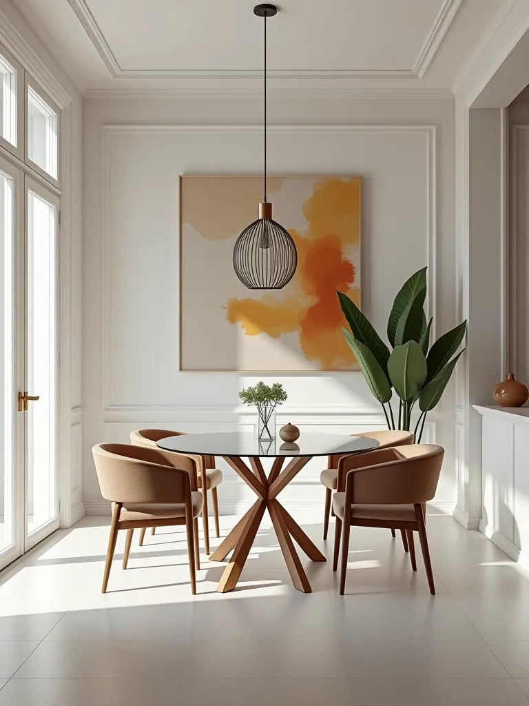 Small dining area with white walls and large artwork