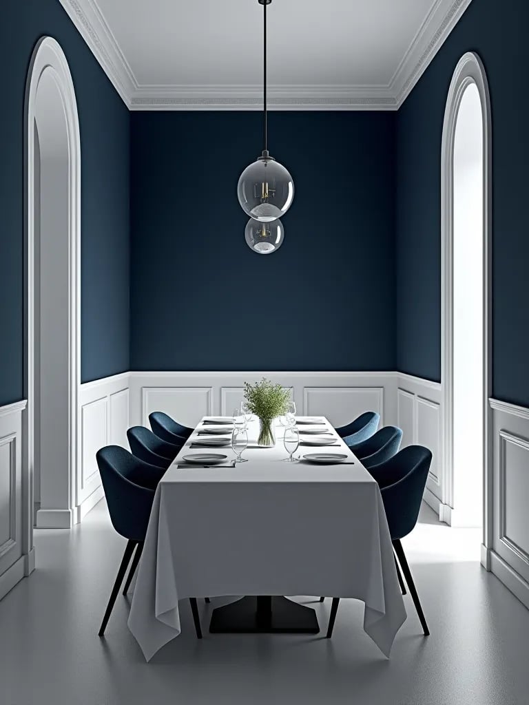 Small dining room with contrasting navy and white walls
