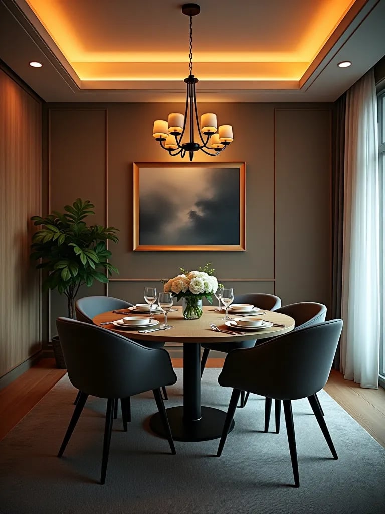 Smart lit dining room demonstrating paint color variations