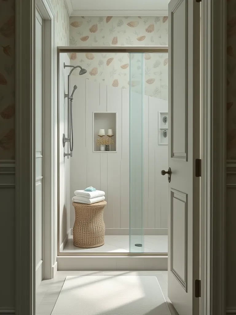 Spa like bathroom with coastal wallpaper and glass shower