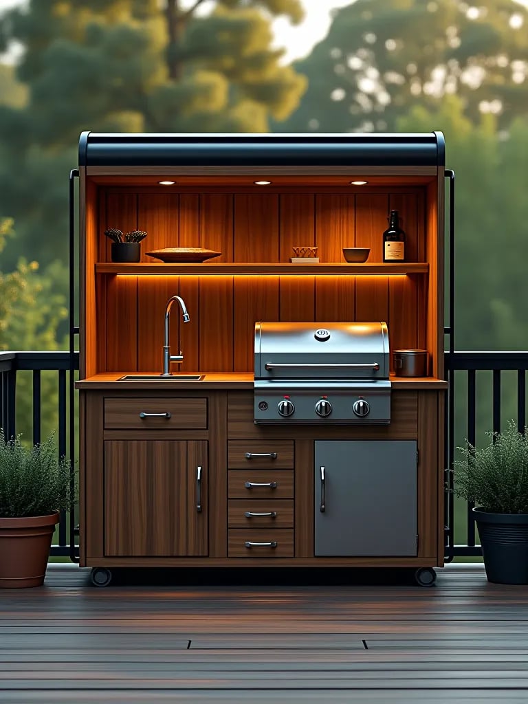 Space efficient outdoor kitchen setup with hidden storage