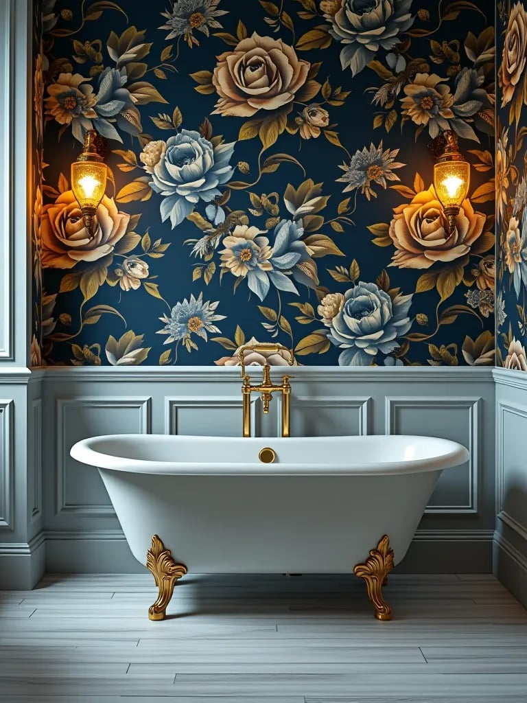 Spacious bathroom with floral wallpaper and freestanding tub
