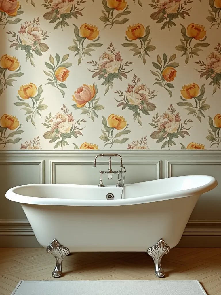 Spacious bathroom with vintage floral wallpaper