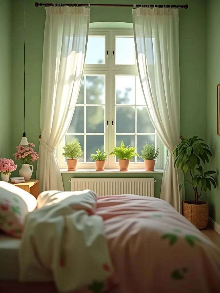 Spring inspired bedroom with green and pink decor and plants