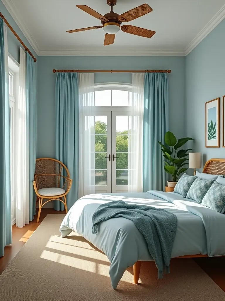 Summer themed bedroom with rattan furniture and tropical prints