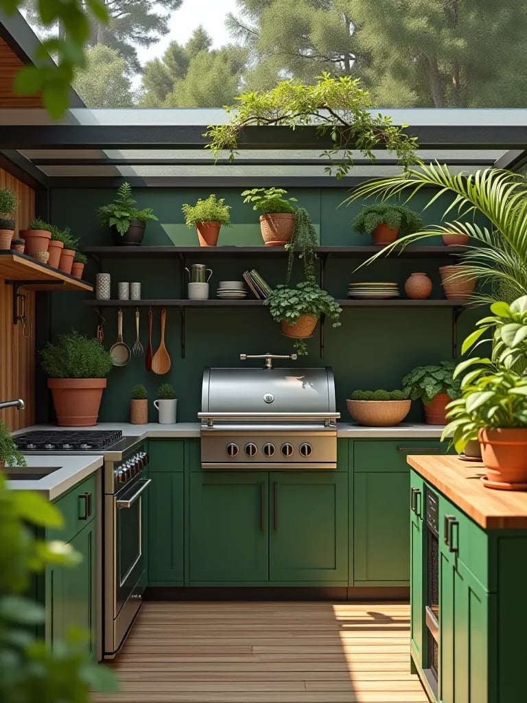 Sustainable outdoor kitchen setup with recycled countertops