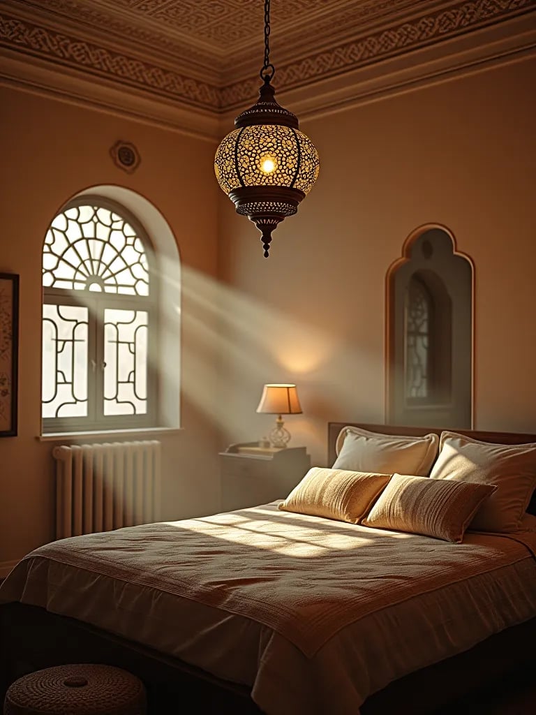 Tranquil bedroom with intricate light patterns