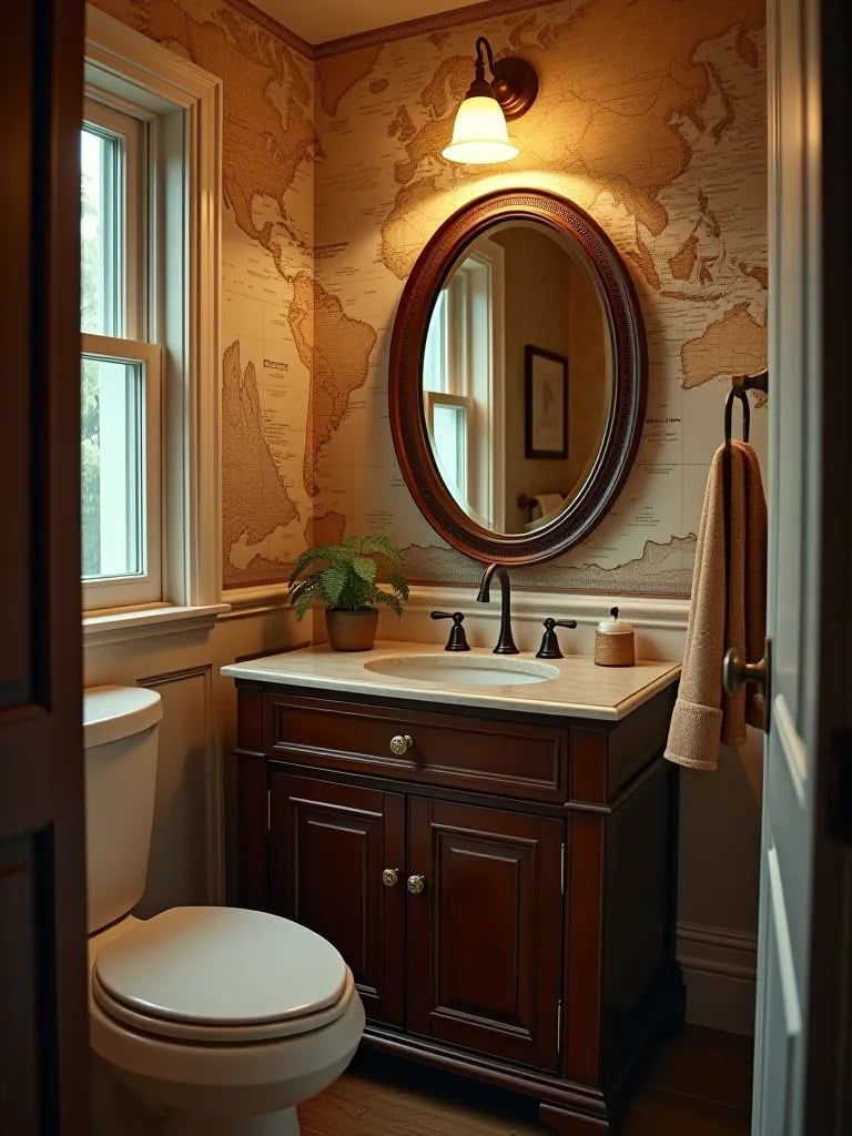 Unique bathroom featuring sepia toned map wallpaper