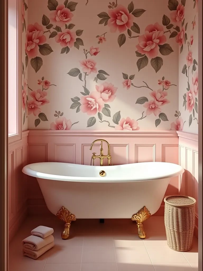 Vintage inspired bathroom with blush wallpaper and gold fixtures