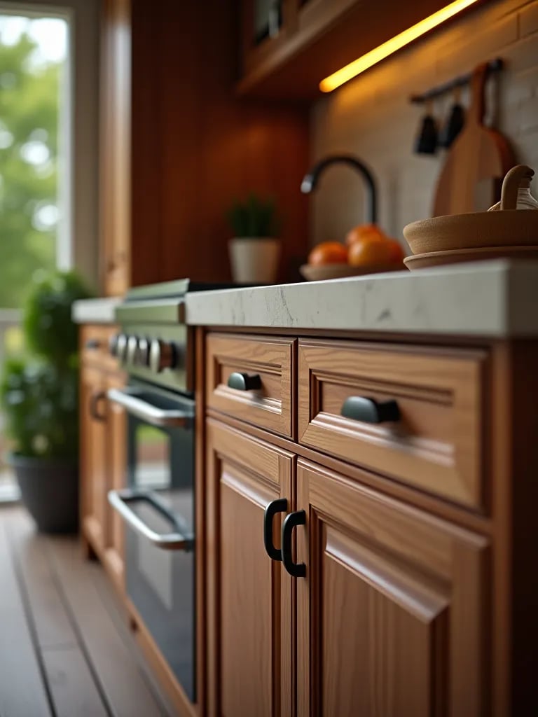 Weather resistant outdoor kitchen cabinets with wood grain finish