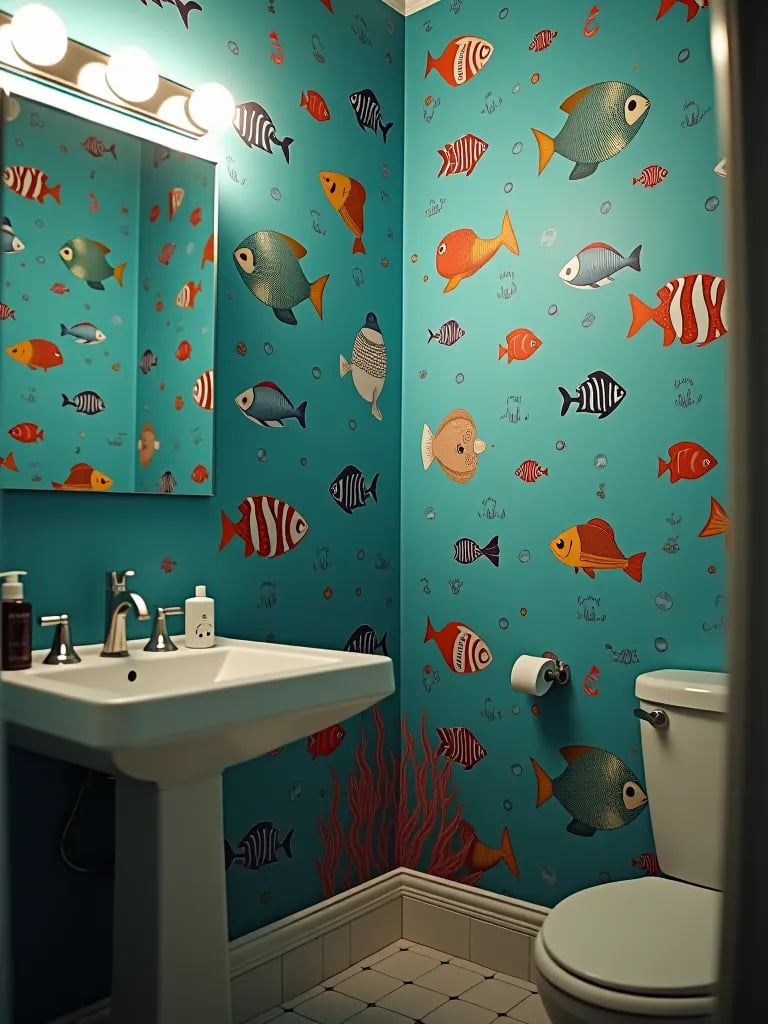 Whimsical bathroom wallpaper installation around outlets