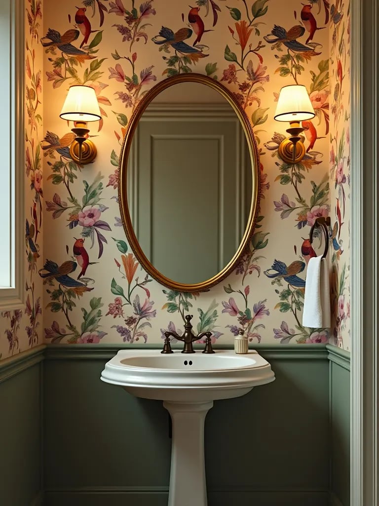 Whimsical powder room with vintage botanical wallpaper