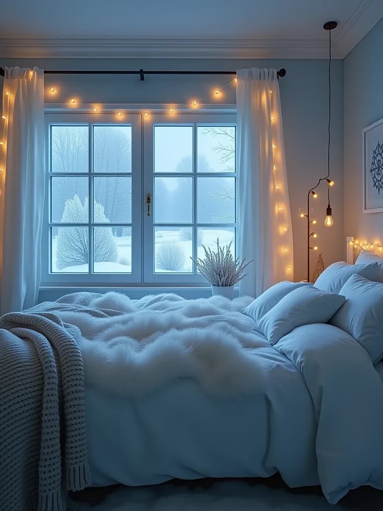 Winter themed bedroom with white bedding and frosted windows