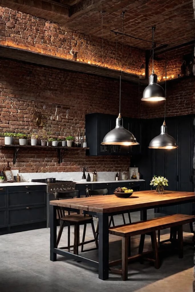 dimmed pendant lights brick wall