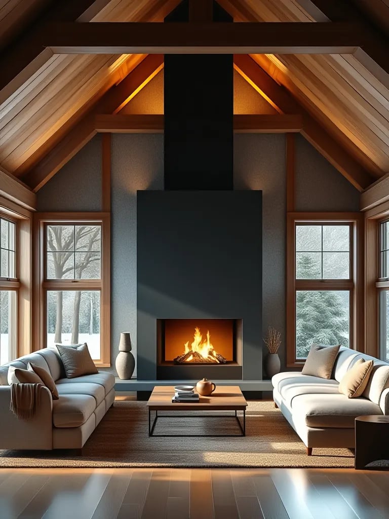 A frame rustic living room with Scandinavian furniture and suspended fireplace