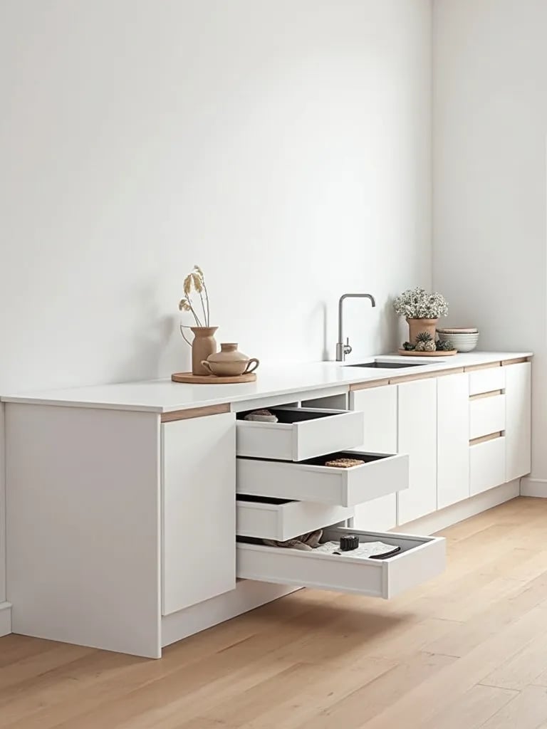 Aerial shot of sleek Scandinavian kitchen island with built in storage