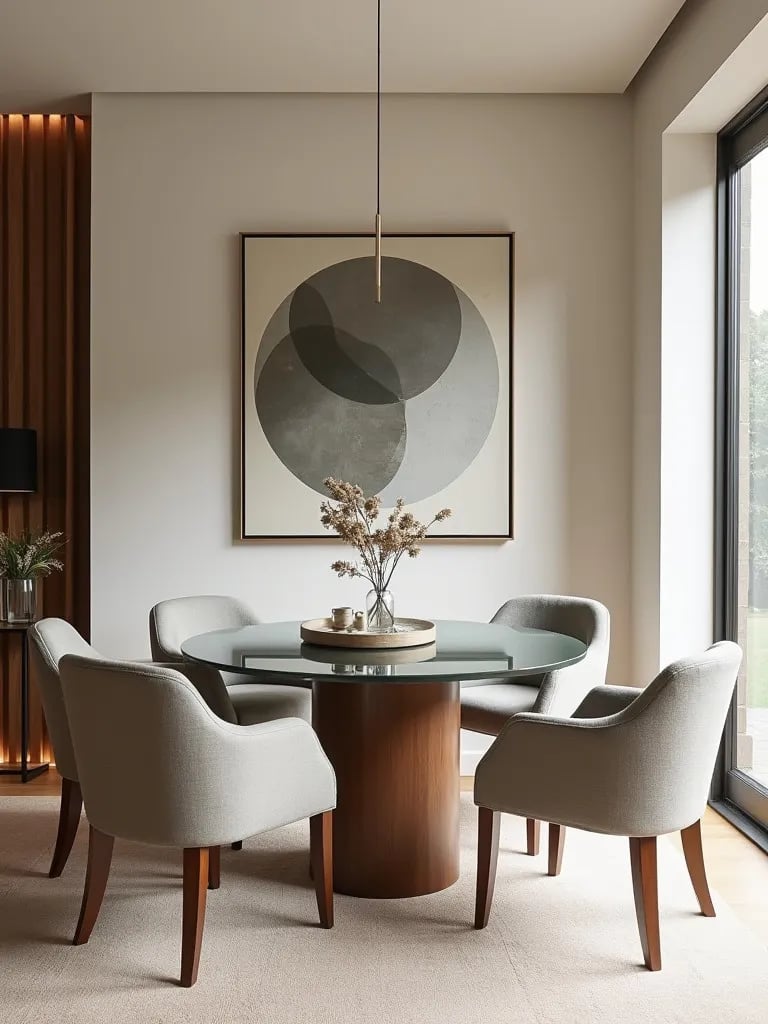 Aerial view of circular dining set in contemporary open concept space